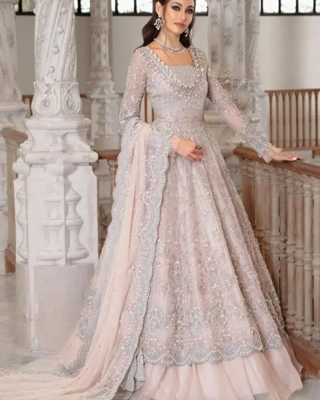 white thread work stone bridal outfit