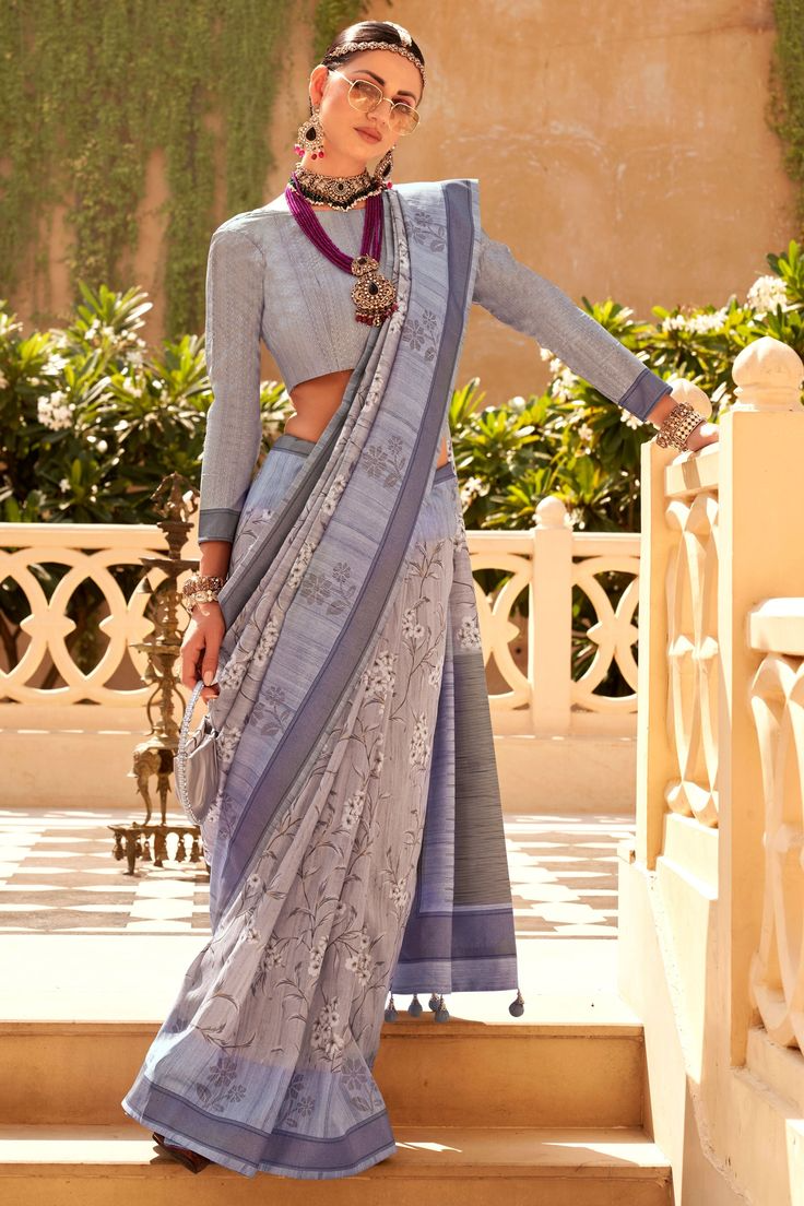 lihgt purple Color Silk Fabric with Printed Saree - light purple color silk saree with fabric print