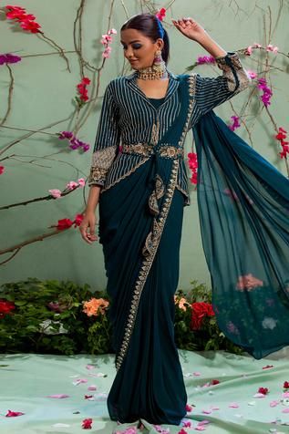 Miku Kumar Embroidered Jacket With Draped Saree _ Green, Georgette, Lapel Collar, Three Quarter wearing with modern accessories